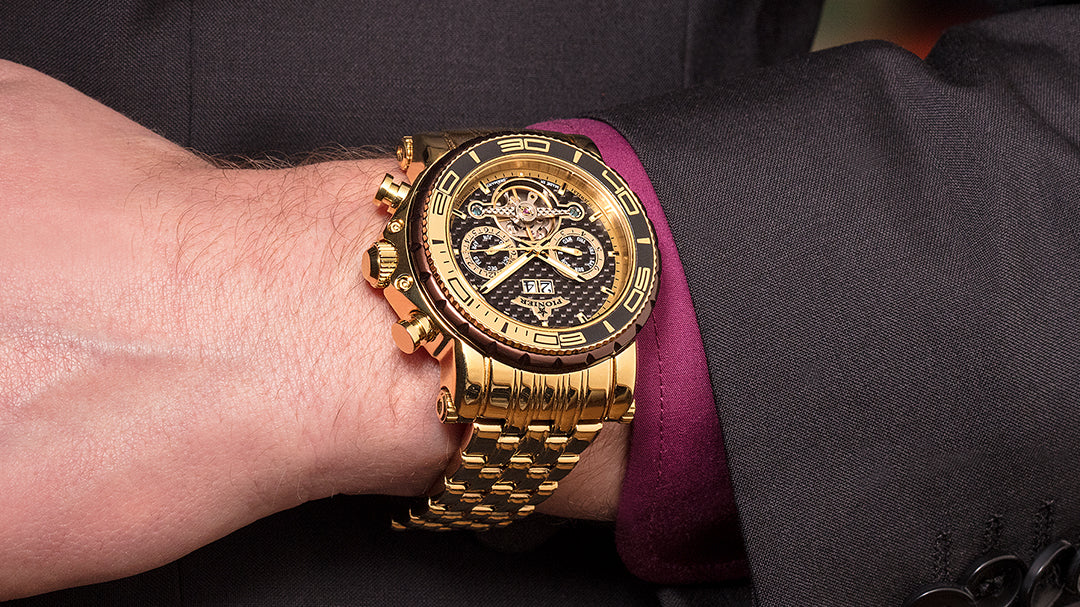Wrist shot photo of the full calendar automatic timepiece Made in Germany Miami by Pionier 