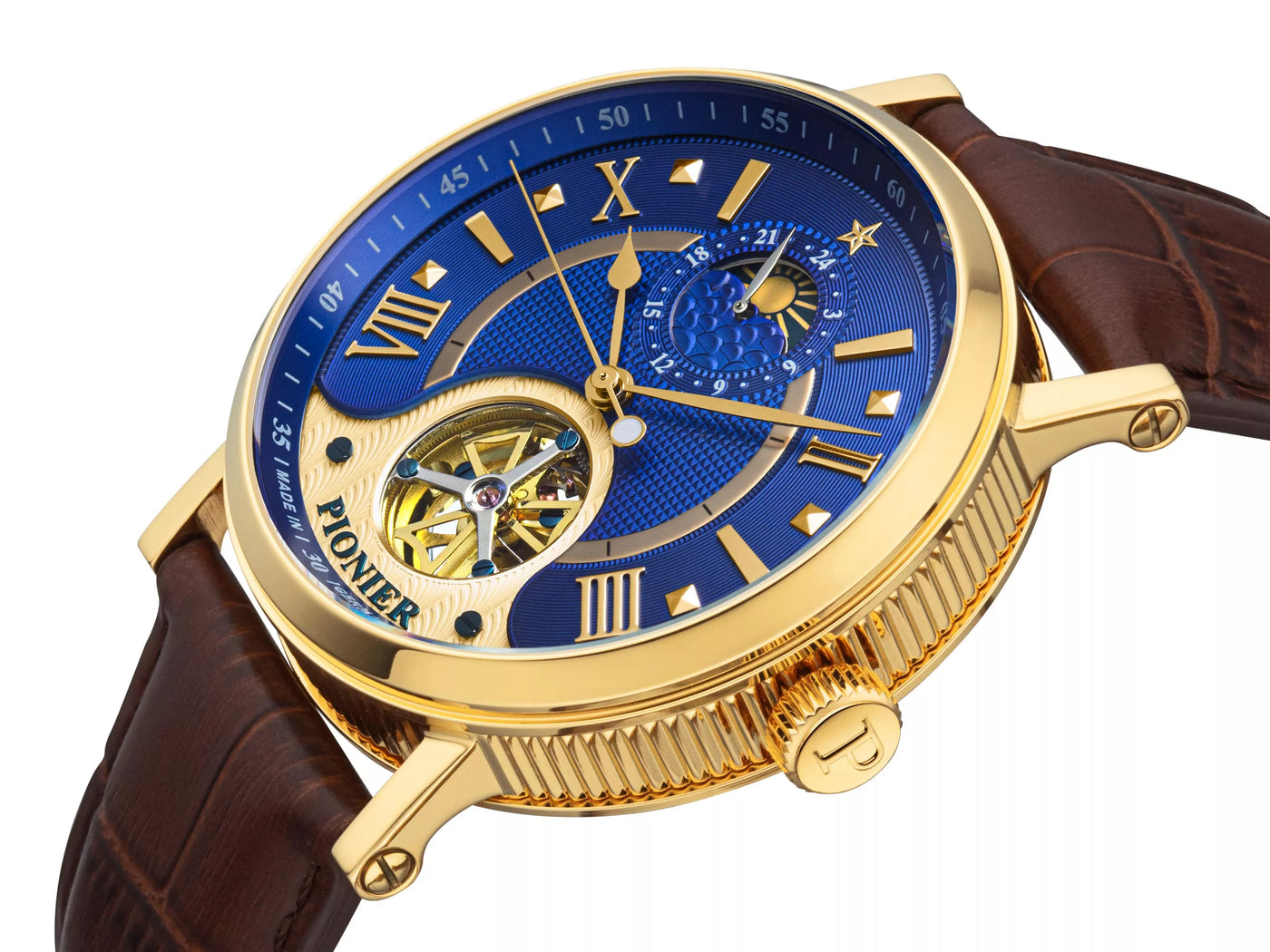 Open heart design with sun and moon phase and gold color crown.