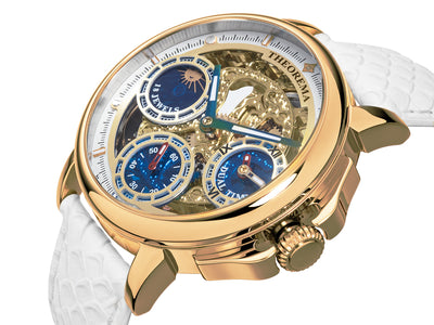 White leather, gold case, see through movement with gold crown.
