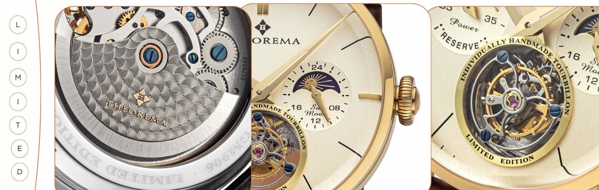 Three photos put together to showcase the details from up close of the limited edition flying tourbillon watch.