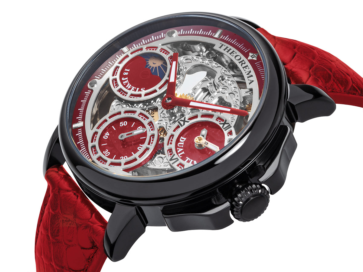Red leather, black case, see through movement with black crown.
