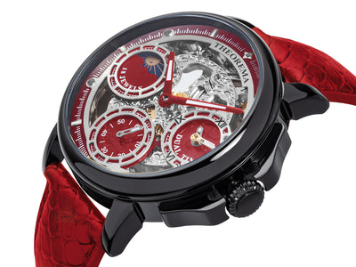 Red leather, black case, see through movement with black crown.