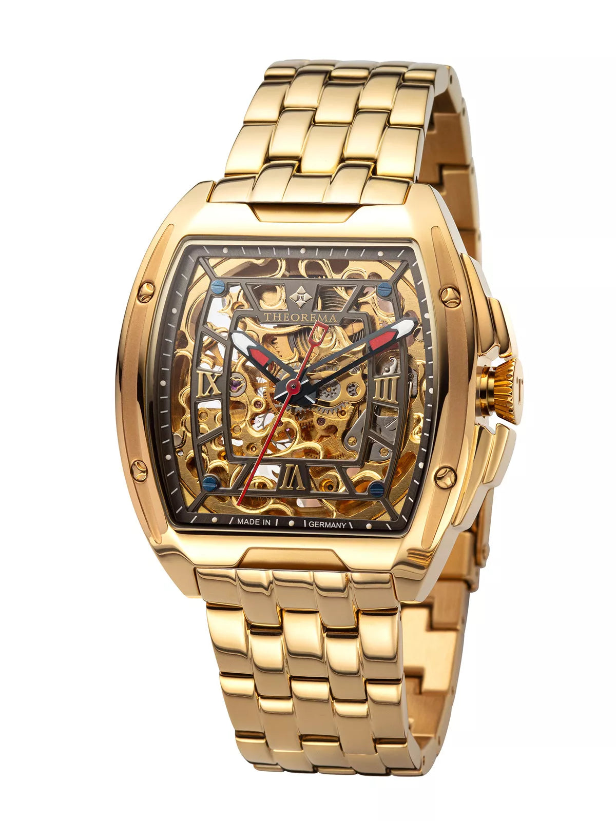Gold color bracelet. Gold color case. Gold color skeletonized dial. Red and white skeleton hands.