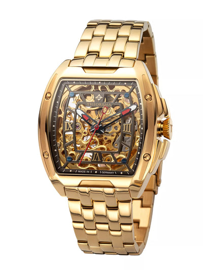 Gold color bracelet. Gold color case. Gold color skeletonized dial. Red and white skeleton hands.