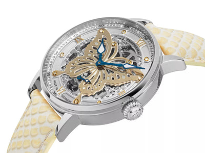 Silver case with silver color bezel and white leather band.