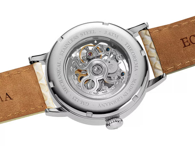 Open back case with silver color movement most gears visible.