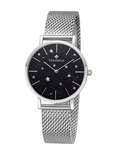 Silver timepiece with a dark cosmic dial filled with sparkling stars, blending elegance and stargazing charm.