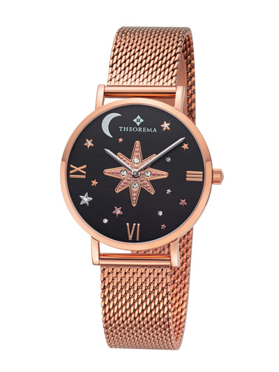 Mesh rose stainless steel band with rose case and black dial. 