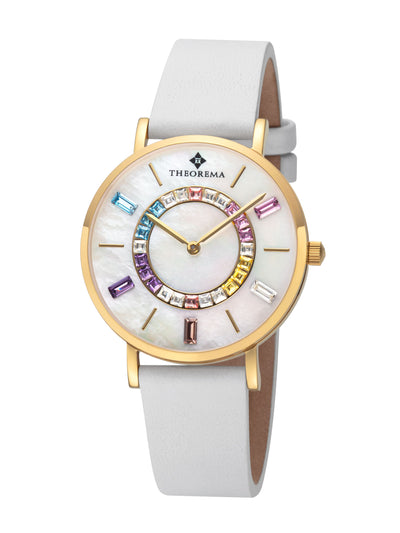 Theorema timepiece showcasing a radiant gemstone display on a white iridescent face, paired with a classic white band.