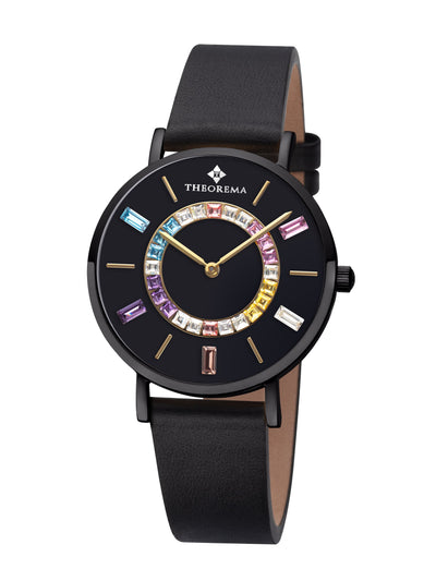 Mother-of-pearl watch face framed by sparkling colored stones in a circular pattern, matched with a timeless black strap.