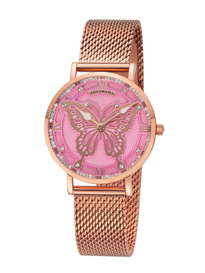 A sophisticated rose timepiece with a butterfly centerpiece and polished mesh bracelet, symbolizing transformation.