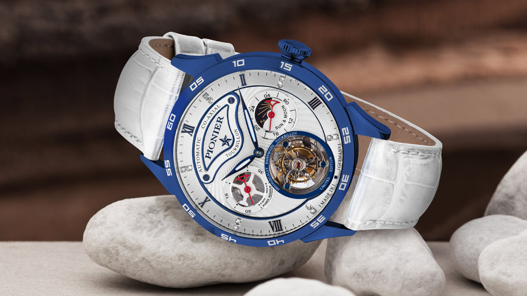 Photo showcasing the co-axial automatic tourbillon Made in Germany watch from the Geneva collection with diamonds