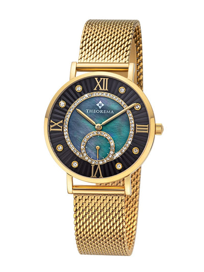 Zoomed-in view of Theorema ladies' watch highlighting the detailed crystal inlays and gold hands.