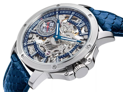 Silver case with silver button and Roman numerals in a genuine blue leather band.