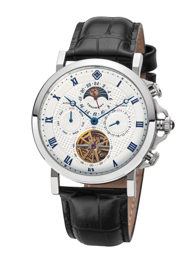 White dial with the sun-moon phase at 12 a clock and at 6 a clock an open heart design.