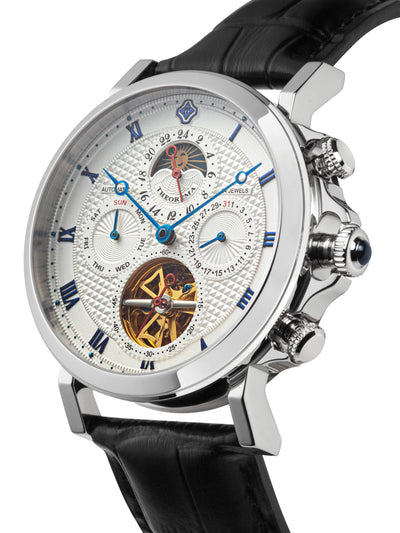 Roman numerals with Breguet hands and multi-tone white dial along a black genuine leather.