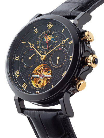 Macau Theorema watch with black dial, visible tourbillon lookalike, and black leather strap.