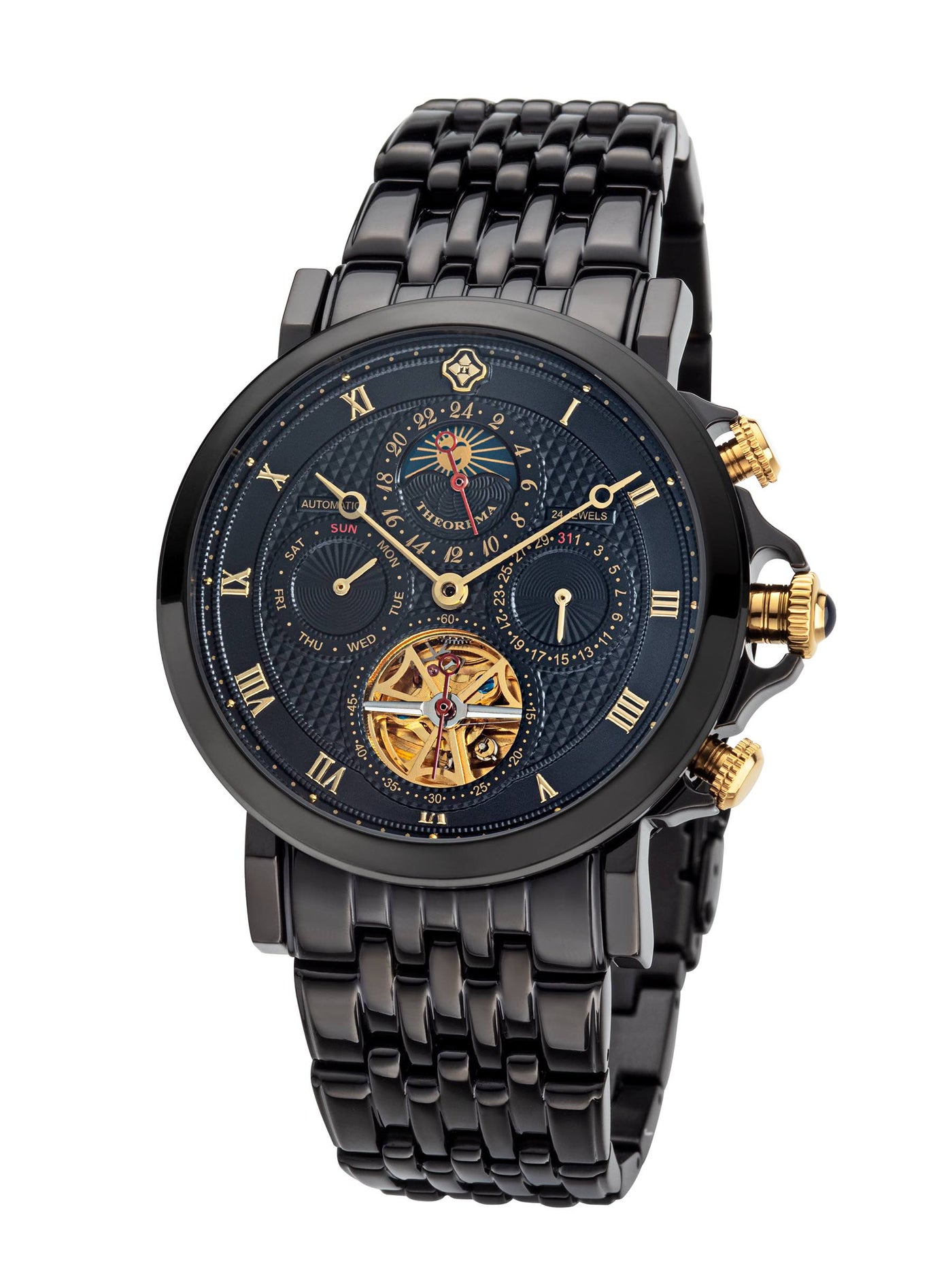 All black stainless steel with gold color Roman numerals and gold color Breguet hands. 