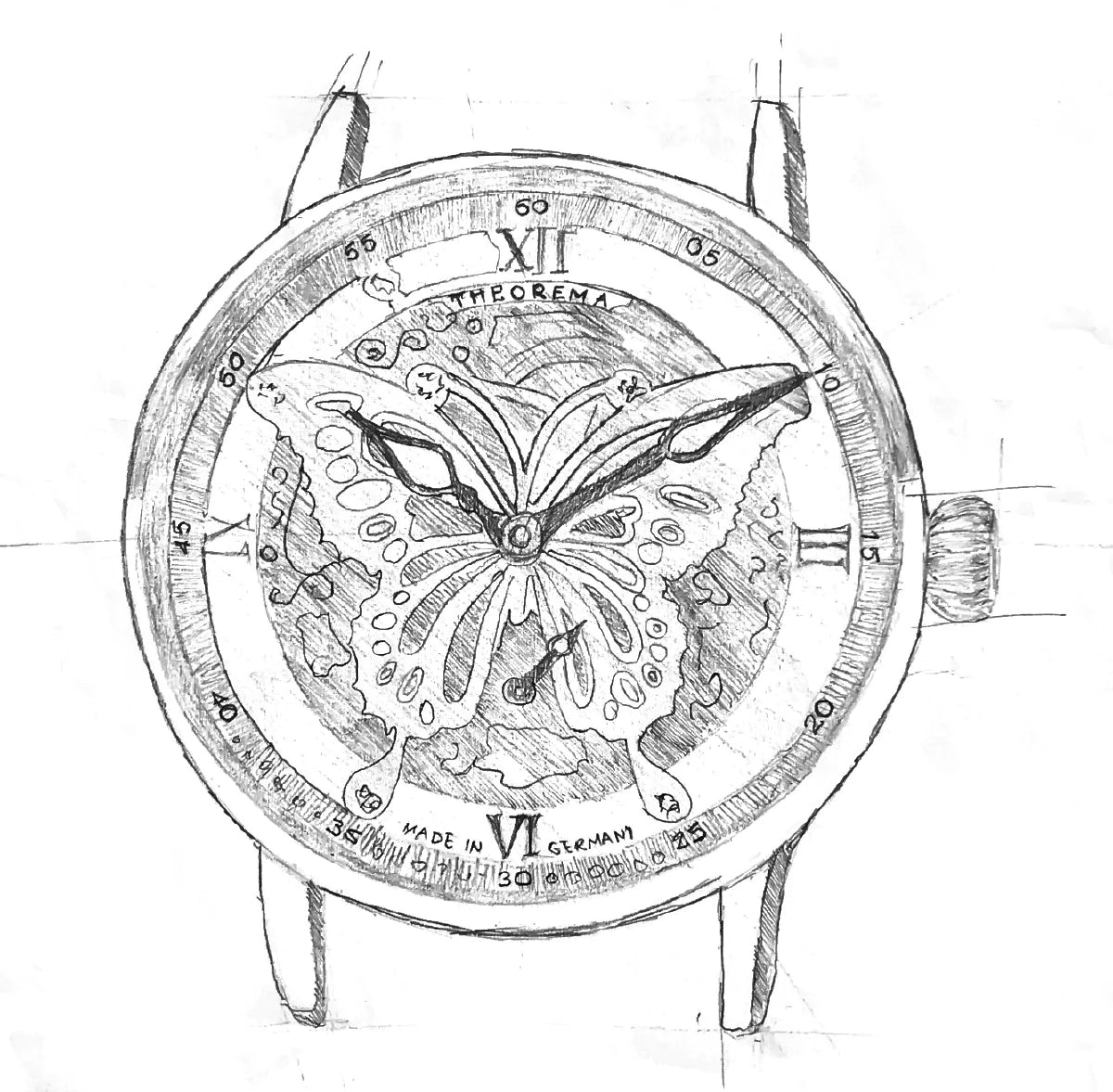 Hand drawing of the Madame Butterfly collection only in black and white