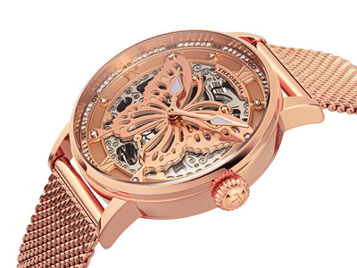 Big butterfly in the middle of the dial giving it a unique ouch. Rose case. 