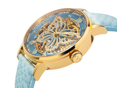 Gold color case with light blue genuine leather with fish pattern. 
