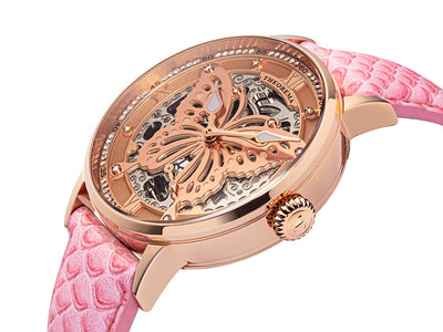 All rose pink color with a big butterfly serving as the face of the dial and the main design.