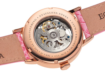 Open back through the sapphire crystal that allows the wearer to view at the automatic movement inside.