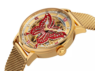 Gold case with gold color bezel and gold stainless steel band.