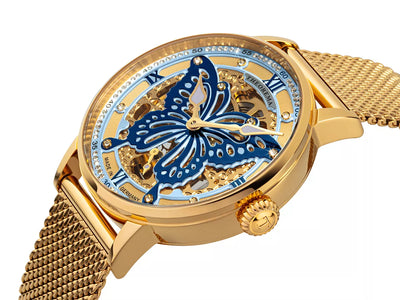 Gold case with gold color bezel and gold stainless steel band.