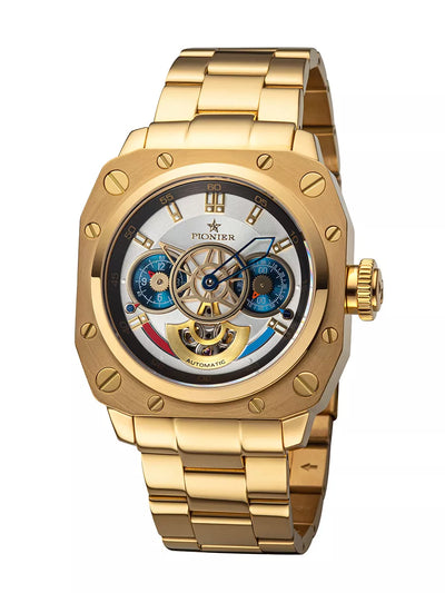White dial with gold case and gold stainless steel band.