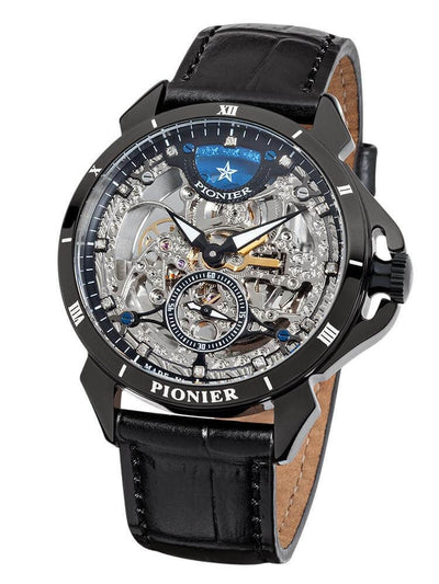 Silver skeletonized dial with diamonds as markers for the hour with black bezel.