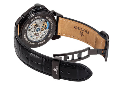 Open back case with silver color mechanism visible gears and deployment buckle for the band.