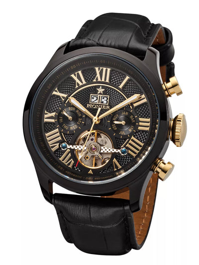Automatic black face, black dial, black leather watch. Automatic Havana collection by Pionier.
