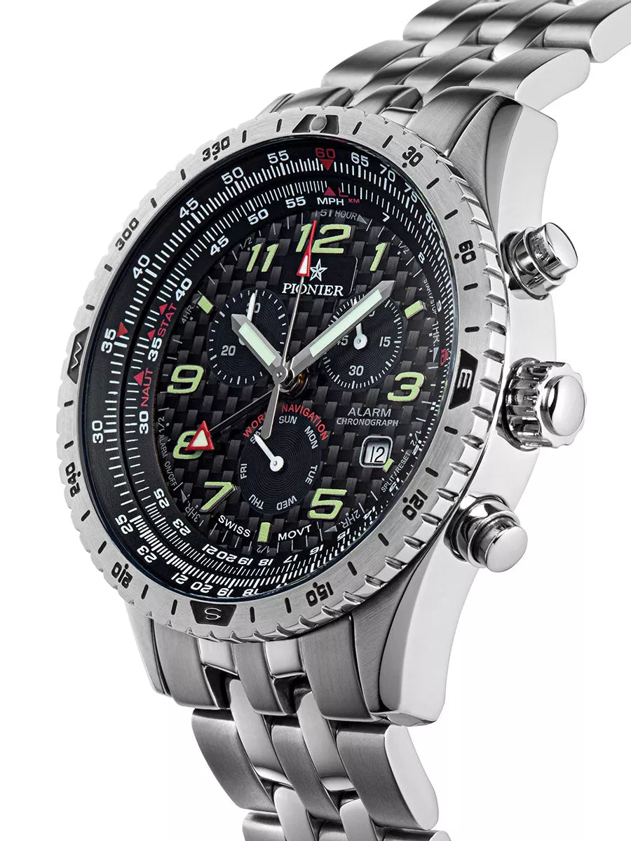 Chronograph with silver case and black dial with silver stainless steel band.