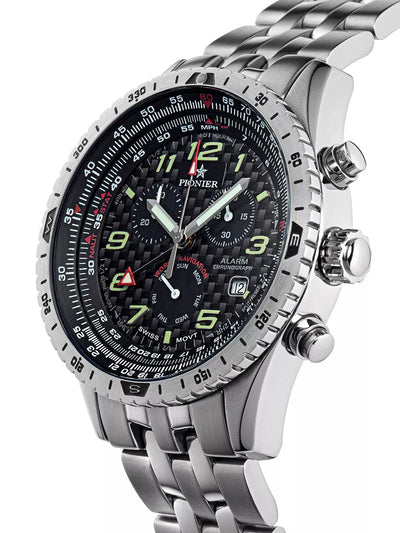 Chronograph with silver case and black dial with silver stainless steel band.