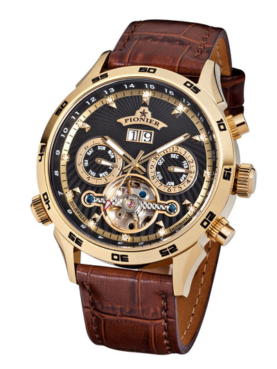 Black dial with diamonds as markers and brown genuine leather band.