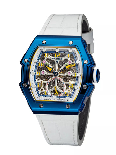 Engraved skeleton dial with Arabic numerals in a rectangular case.