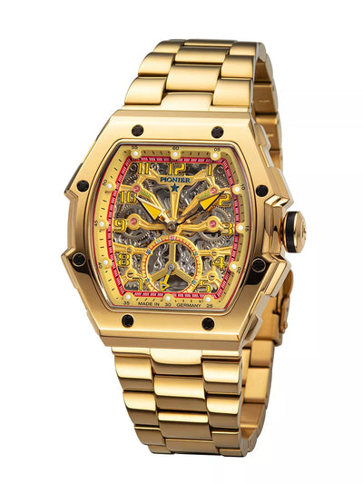 Engraved skeleton dial with Arabic numerals in a rectangular case.