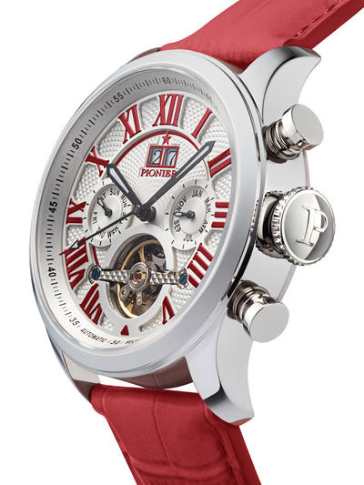 Calendar watch with leather band and three silver buttons.