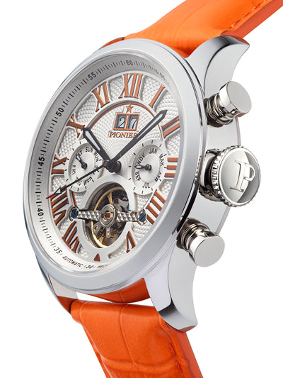 Calendar watch with leather band and three silver buttons.