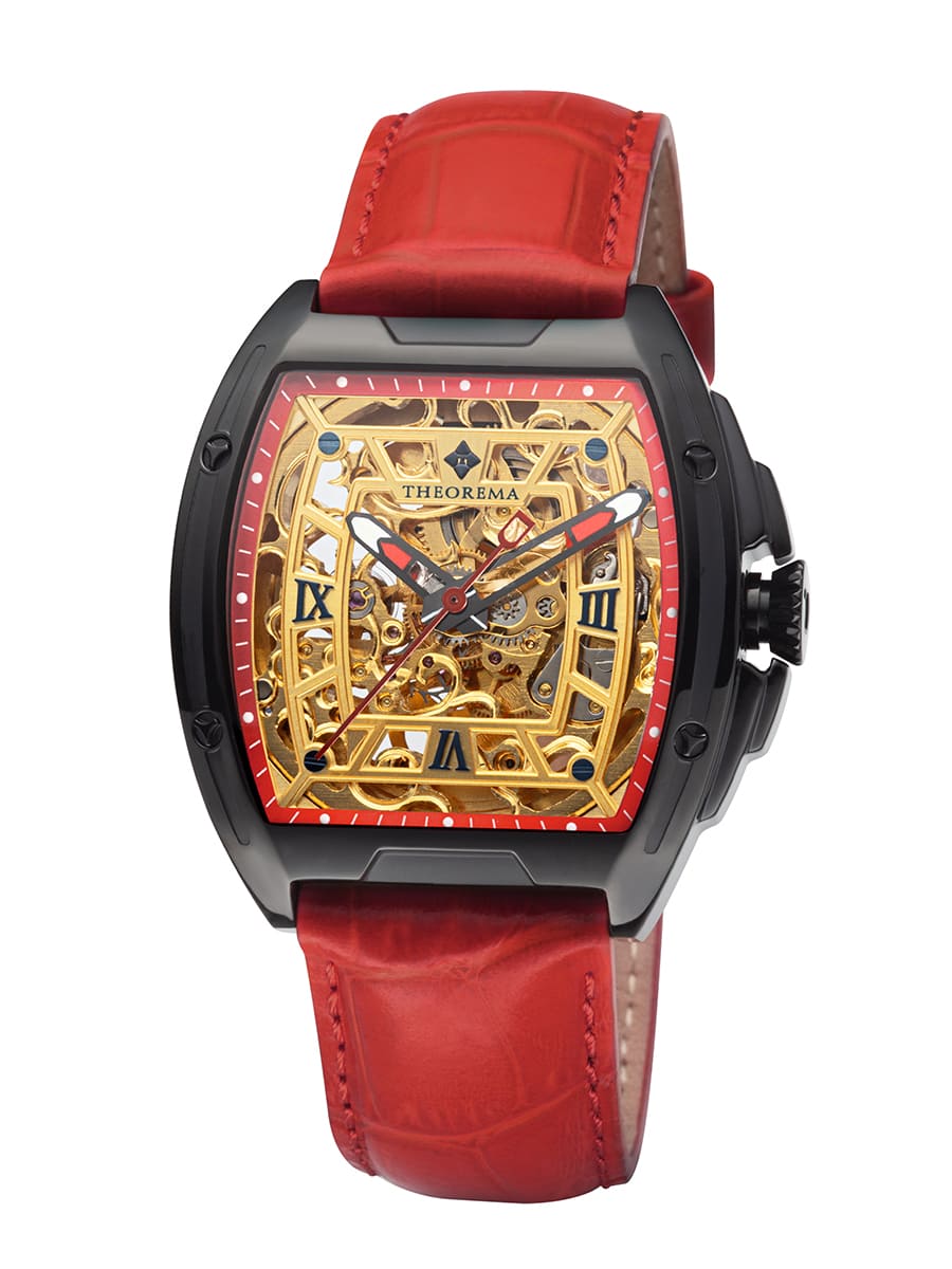 Gold color skeleton dial see-through with double-colored hands and a black case.