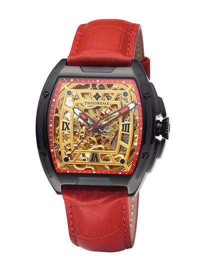 Gold color skeleton dial see-through with double-colored hands and a black case.