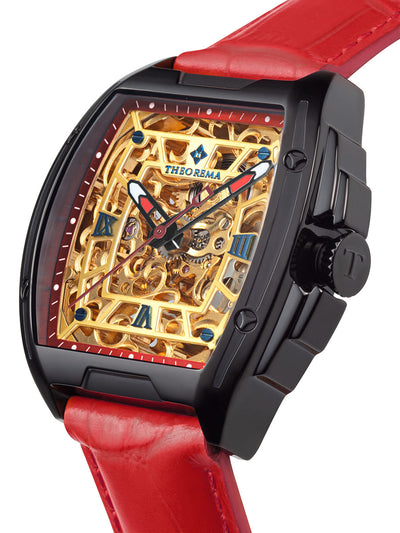 Genuine red leather band with black case and black crown.