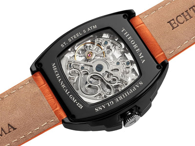 Stainless steel case with black color and 5 ATM and sapphire glass to see the open back of the watch.