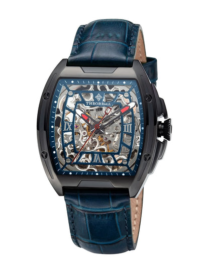 Silver dial in a see through design with skeletonized hands and Roman numerals.