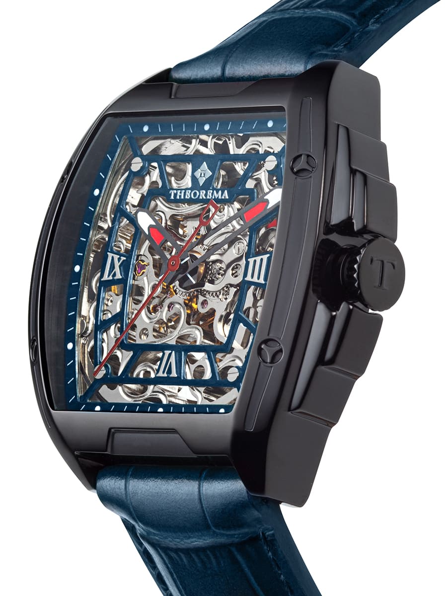 Black case with black crown engraved with letter T and a black case with blue leather band.