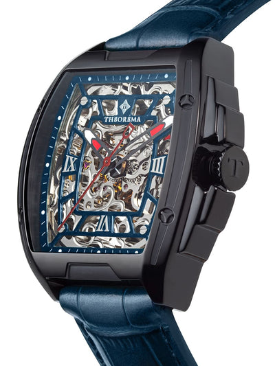 Black case with black crown engraved with letter T and a black case with blue leather band.
