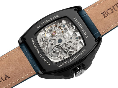 Stainless steel case with black color and 5 ATM and sapphire glass to see the open back of the watch.