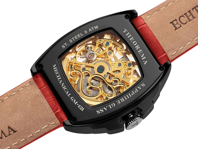 Stainless steel case with black color and 5 ATM and sapphire glass to see the open back of the watch.