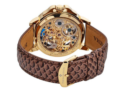 Open back case with see through movement with standard buckle leather band.